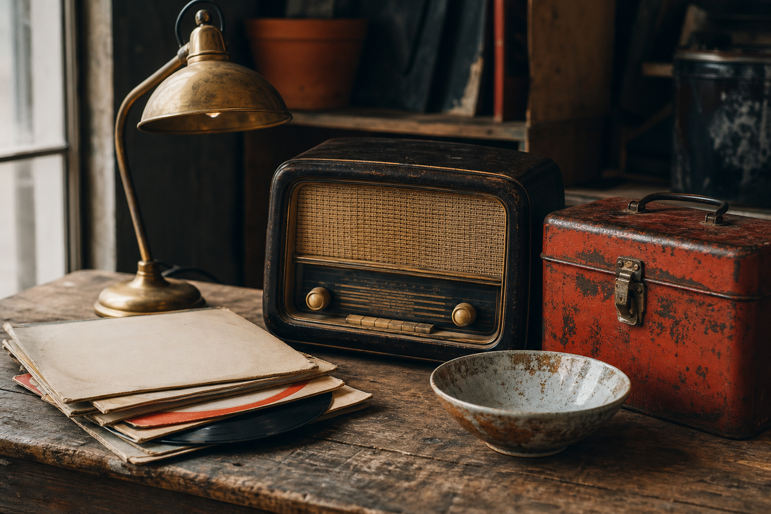 Vintage radio, brass lamp, records, ceramic bowl, and red toolbox on a worn worktable