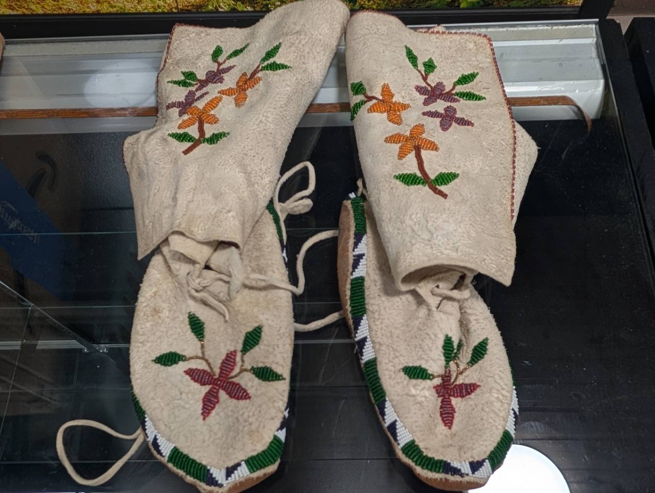 Vintage Floral-Beaded High-Top Leather Moccasins — Pair, photo 1 of 5