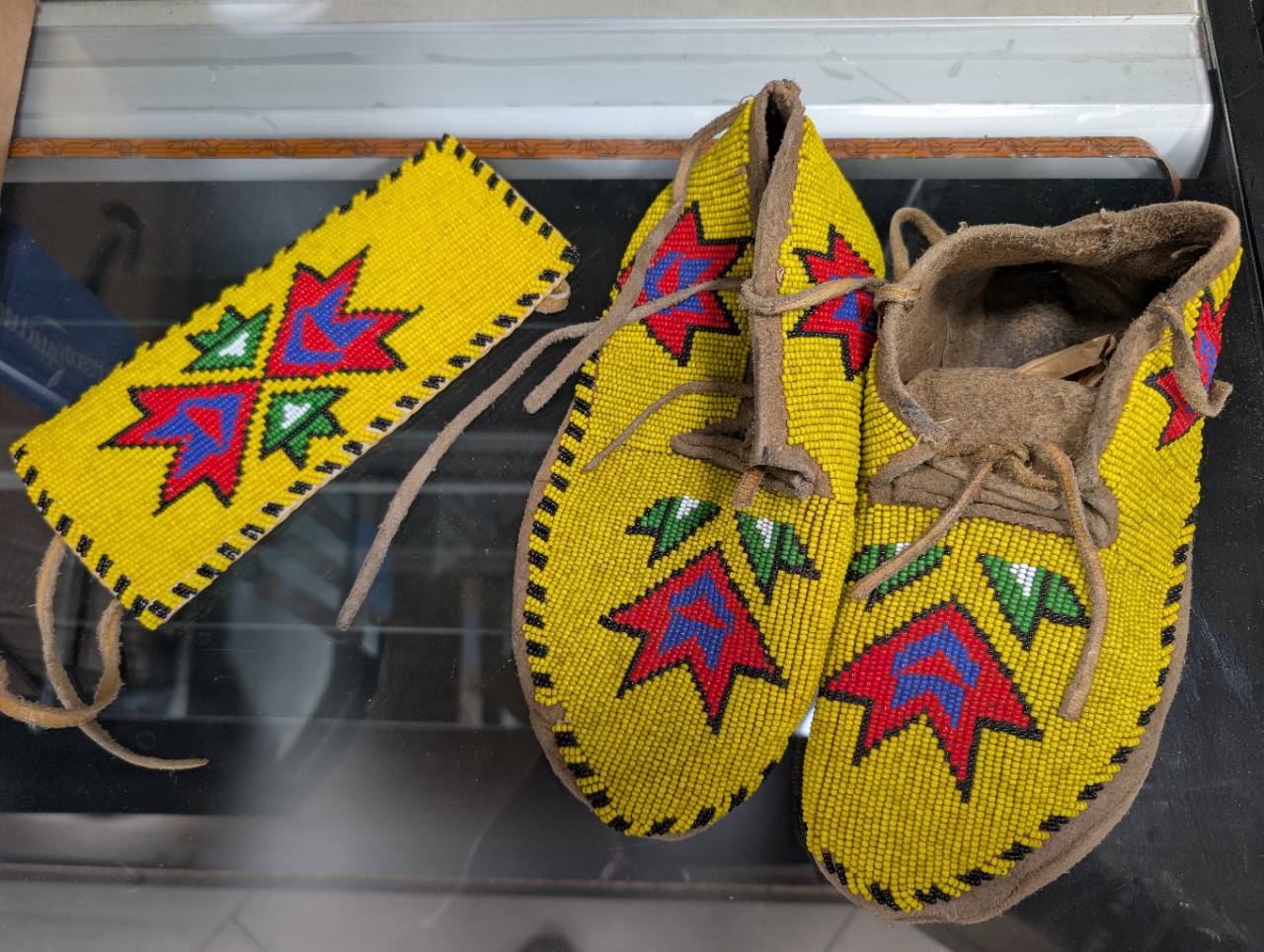 Vintage Yellow Fully Beaded Leather Moccasins with Matching Tie-On Panel, photo 1 of 4