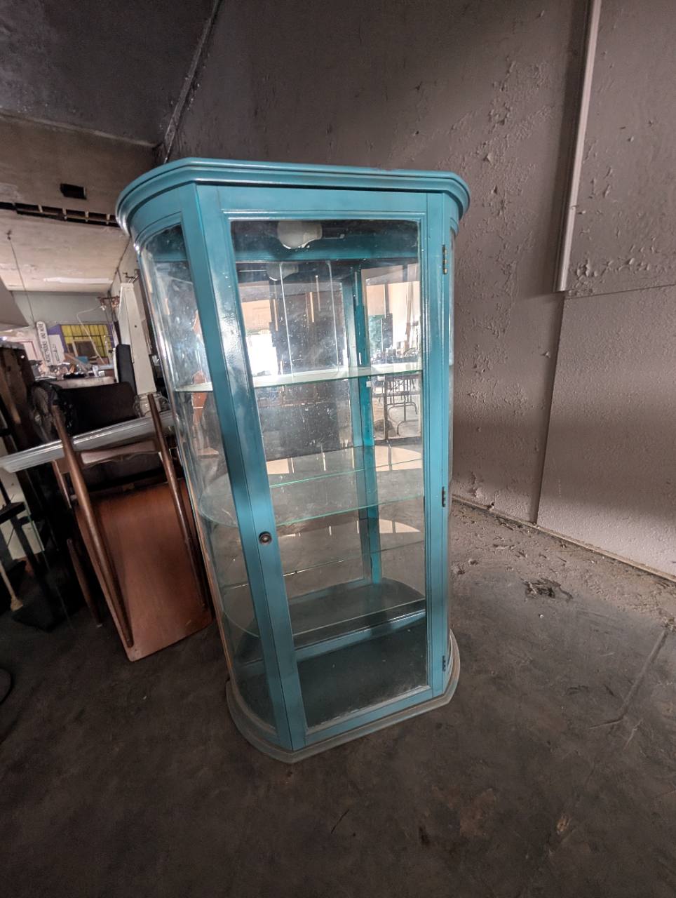 Painted Teal Bow-Front Lighted Curio Display Cabinet, photo 1 of 4