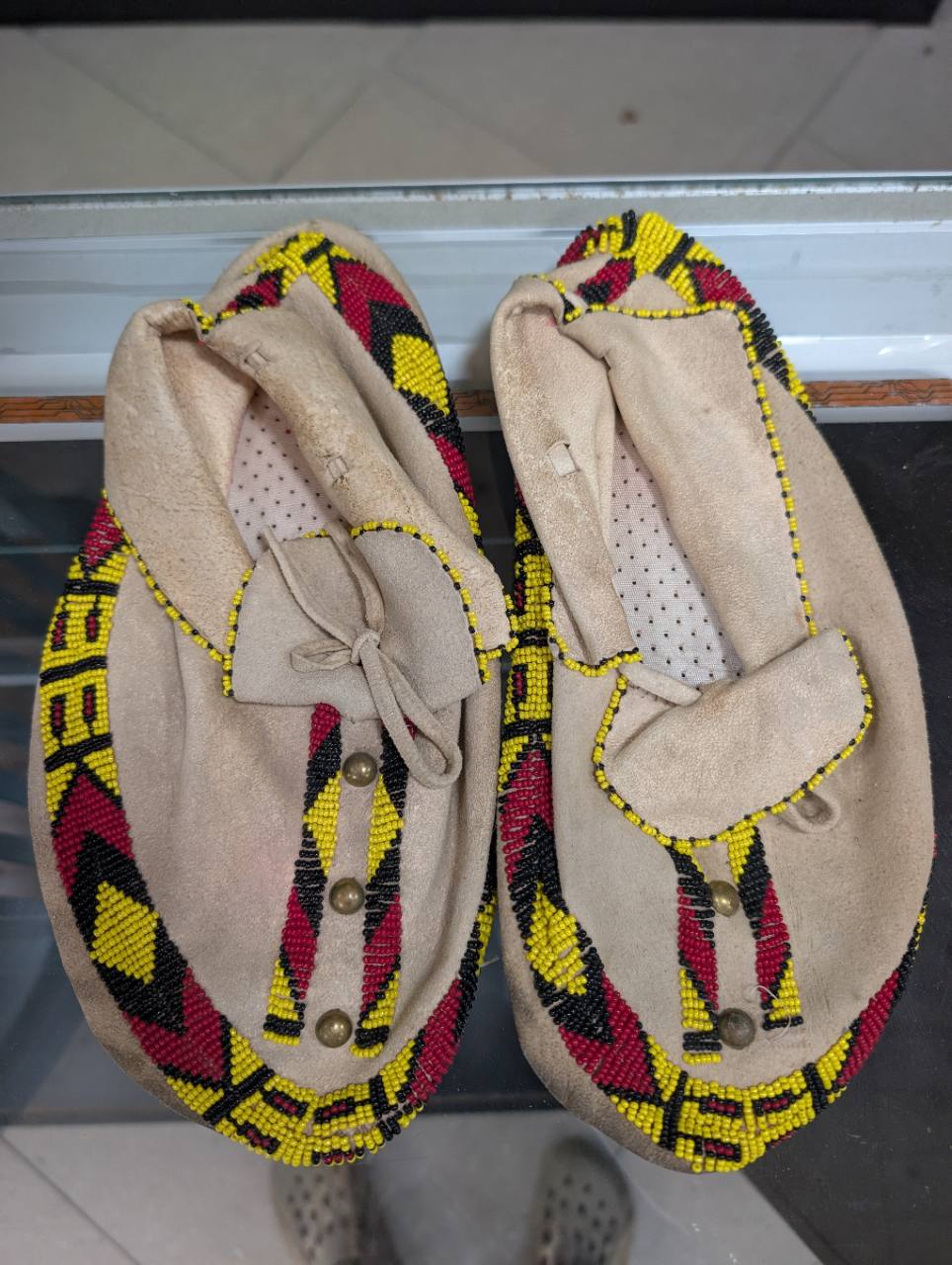Hand-Beaded Suede Moccasins — Red, Yellow & Black — Pair, photo 1 of 3