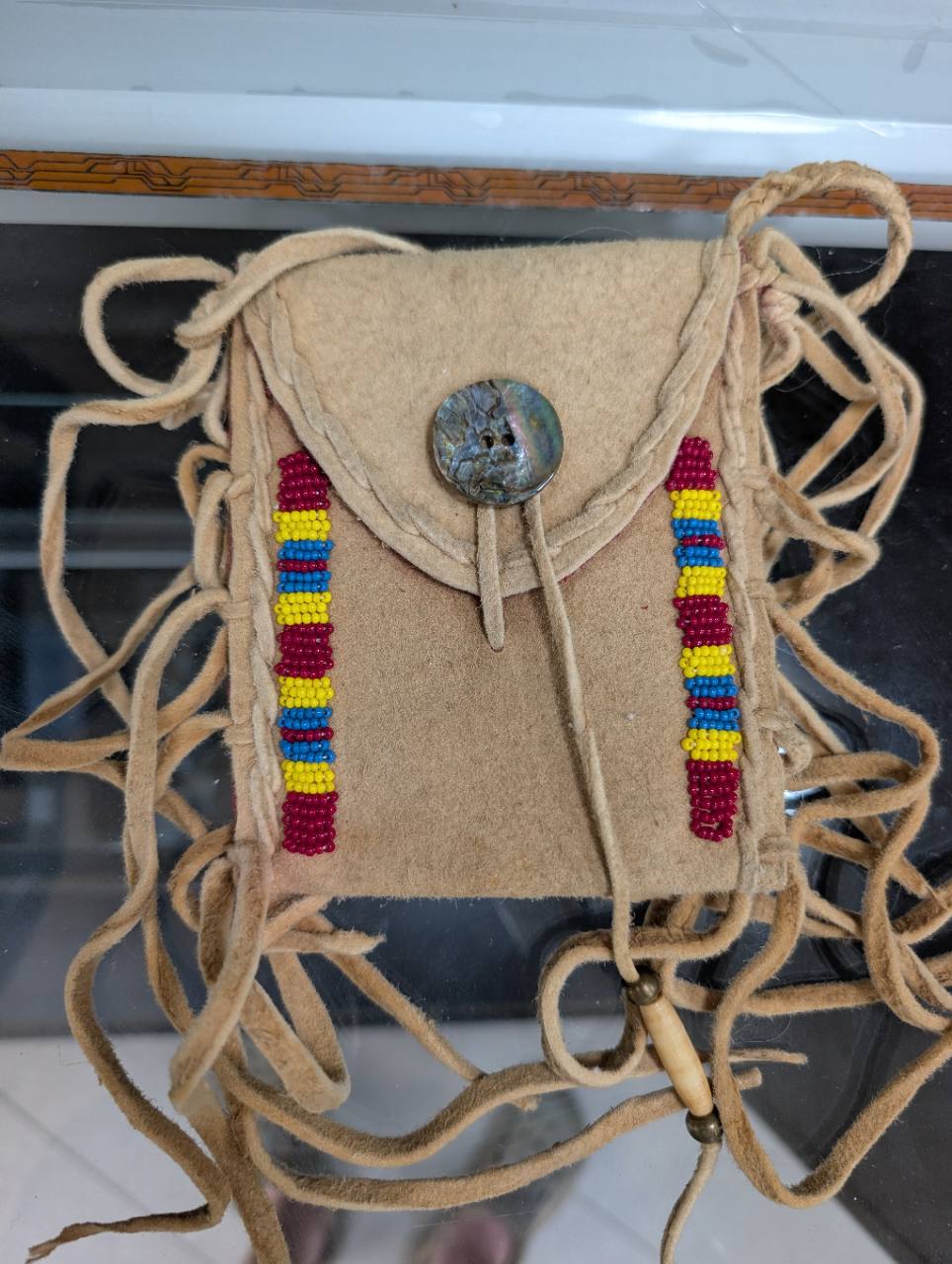 Hand-Beaded Suede Fringe Crossbody Pouch — Red, Yellow & Blue, photo 1 of 3
