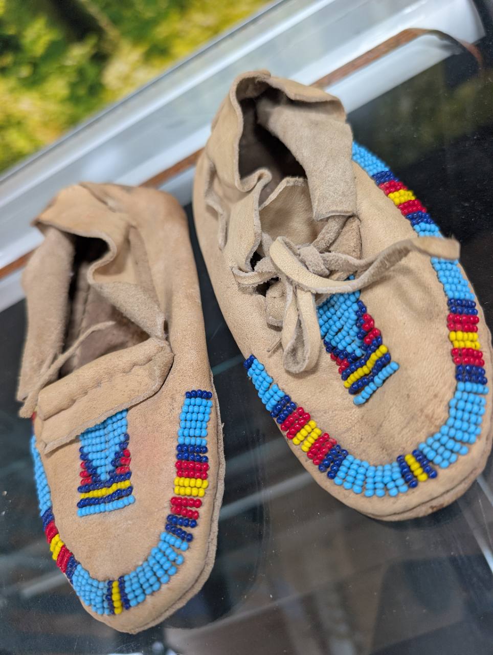 Hand-Beaded Suede Moccasins — Blue, Red & Yellow — Pair, photo 1 of 3