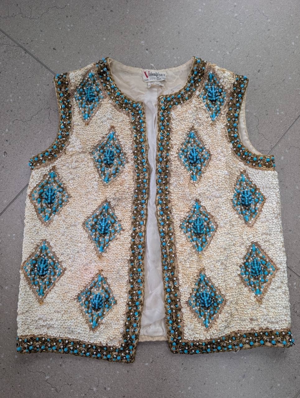 Valentina Cream Sequin & Turquoise Beaded Vest — Made in Hong Kong, photo 1 of 3